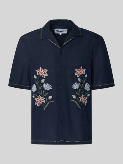 Produktfoto, Relaxed Fit Freizeithemd mit Motiv-Stitching van REVIEW, donkerblauw katoenmix, bloemenmotief, reverskraag, knoopsluiting