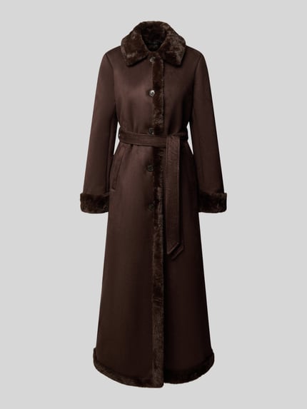 Produktfoto, Mantel mit Webpelzbesatz von LAUREN RALPH LAUREN in donkerbruin unikleur, longline lengte, knoopsluiting, bindriem, knopen, kraag, deelingsnaden, split, riemlussen, lange mouwen, gladde textuur