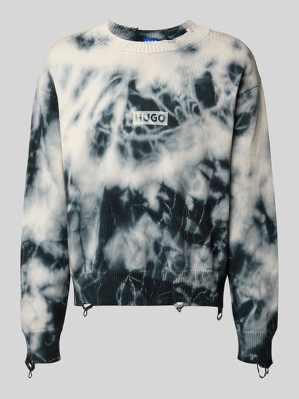 Produktfoto, Relaxed Fit Pullover aus reiner Baumwolle Modell 'SESTROY' von Hugo Blue, Batikmuster in Schwarz-Weiß, Rundhals, Feinstrick, Label Print, Allover Used Look
