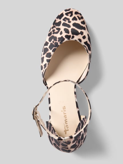 Produktfoto, Pumps mit hohem Blockabsatz von Tamaris, Satin in schimmernder Leopardenoptik, abgerundete Spitze, Dornschließe mit Strasssteinbesatz