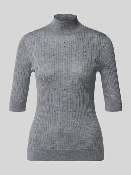 Productfoto, Slim Fit Longsleeve uit zuivere lanawol model 'Maglia Costine' van Liu Jo White, grijs, ribstructuur, halflange mouwen, semi-transparant