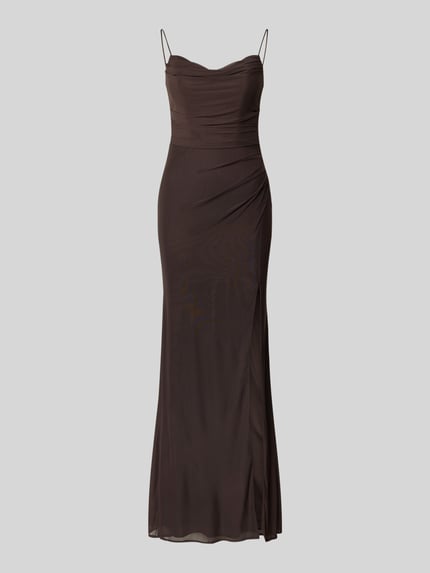 Produktfoto, Abendkleid mit Seitenschlitz von Laona in Braun, körpernahe Passform, Maxikleid, Karree-Ausschnitt, feiner Stoff, Rückenlänge 126 cm, Brustweite 32 cm, Reißverschluss auf der Rückseite, eleganter Look