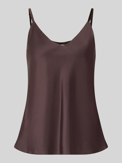 Produktfoto, Blusentop aus Satin von Rinascimento in donkerbruin, glanzend oppervlak, Materiaalmix met stretch, getailleerde pasvorm, verstelbare spaghettibandjes, v-hals, ruglengte bij maat S 41 cm