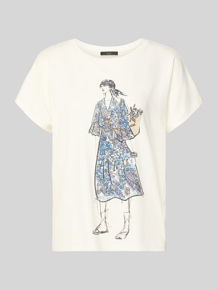 Productfoto, T-Shirt met Motiv-Print van Oui, dames T-shirt van katoenmix met modal, relaxed fit, print met siersteentjes, ronde hals, crèmekleurig