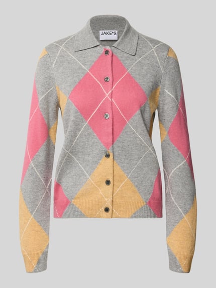 Produktfoto, Regular Fit Strickjacke mit Woll-Anteil von Jake*s Casual in Grau mit rosa und gelben Tartan-Muster, Knopfleiste, Polokragen, Allover-Muster, Stricktextur