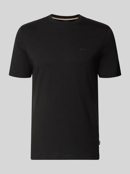 Produktfoto, czarne T-Shirt aus Baumwolle Modell 'Thompson' von BOSS, prosty krój, okrągły ściągacz, subtelny nadruk logo.