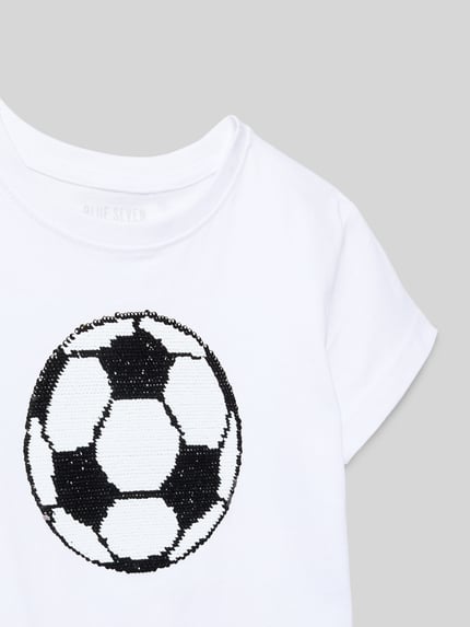 Productfoto, T-Shirt met ronde hals en omkeerbare pailletten van Blue Seven, wit katoen, recht model, voetbal voorop, maat 116 ruglengte 44 cm