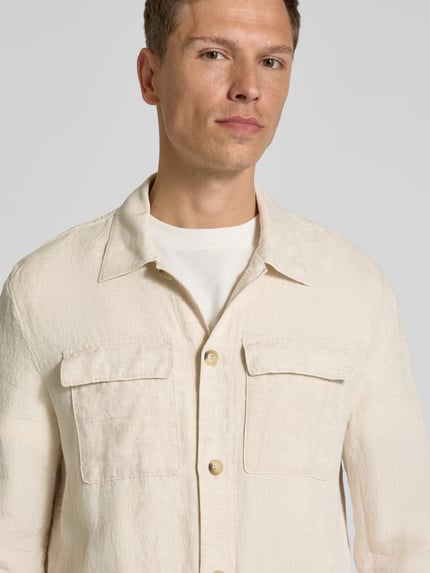 Manuel Ritz Regular fit linnen overhemdjack met klepzakken op de borst Offwhite - 3