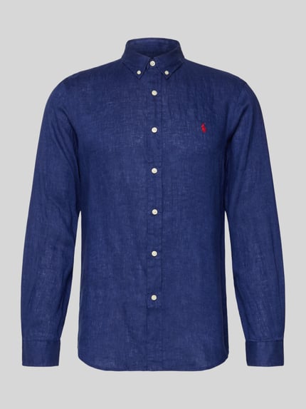 Produktfoto, Slim Fit Freizeithemd aus reinem Leinen von Polo Ralph Lauren in Optik: Unifarben, Button-Down-Kragen, durchgehende Knopfleiste, Logo-Stitching, Langarm, Sportmanschette, Rumpfabschluss abgerundet, Struktur mit sichtbarer Leinen-Textur, Farbe Dunkelblau.