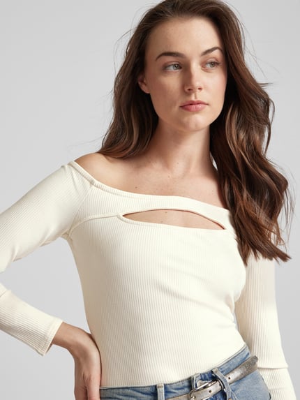 GUESS Off shoulder-shirt met lange mouwen in riblook Offwhite - 3