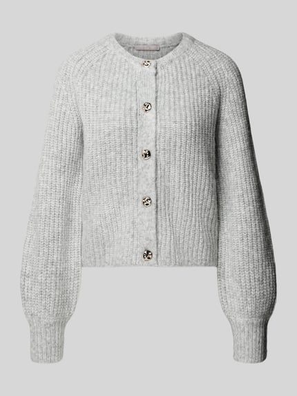 Produktfoto, Regular Fit Cardigan in strick-Optik von Christian Berg Woman Selection in Hellgrau, Knopfleiste und Rundhalsausschnitt, weiche Textur