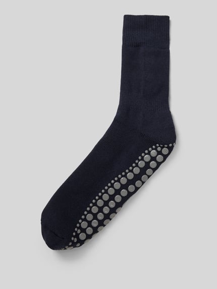 Produktfoto, Socken mit geripptem Abschluss von Falke in Dunkelblau, Baumwoll-Woll-Mix mit Stretch-Anteil, Anti-Rutsch-Besatz, körpernaher Schnitt