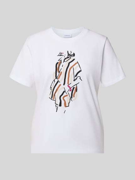 Produktfoto, Regular Fit T-Shirt mit Motiv-Print von Comma, weiß mit Rundhalsausschnitt, elastischer Baumwoll-Modal-Mix, Rückenlänge 57 cm.
