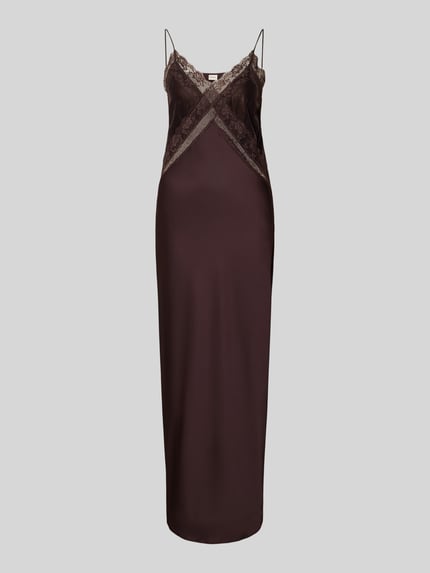 Produktfoto, Kleid mit Viskose-Anteil von Stefanel, braune Farbe, Material-Mix mit Spitzenbesatz, semitransparente Partien, Slim Fit.