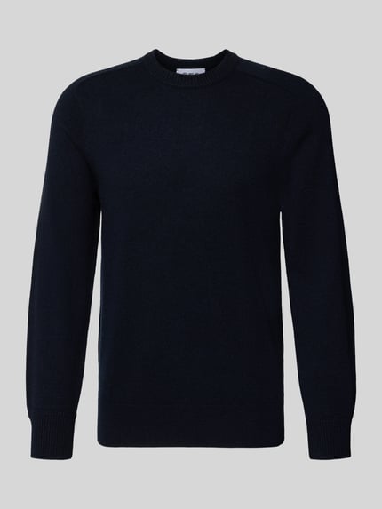 Produktfoto, dunkelblauer Regular Fit Strickpullover aus reinem Kaschmir mit Stehkragen und gerippten Abschlüssen von FTC Cashmere