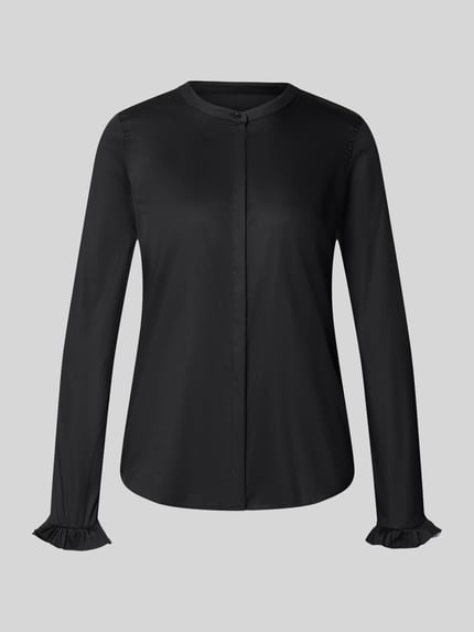 Produktfoto, schwarze Bluse mit Mao-Kragen und Rüschenärmeln Modell 'Mattie' von MOS MOSH, Baumwoll-Mix, verdeckte Knopfleiste, Straight Fit