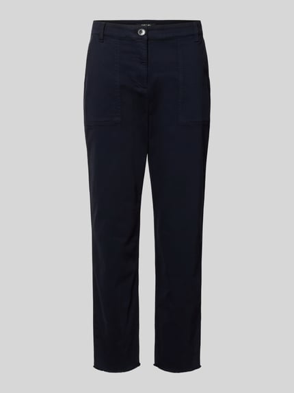 Produktfoto, Chino mit Fransensaum von Marc Cain aus Baumwoll-Mix mit Stretch-Anteil, Slim-Fit, dunkelblau, Knopf-Reißverschluss, Eingrifftaschen, Gesäßtaschen