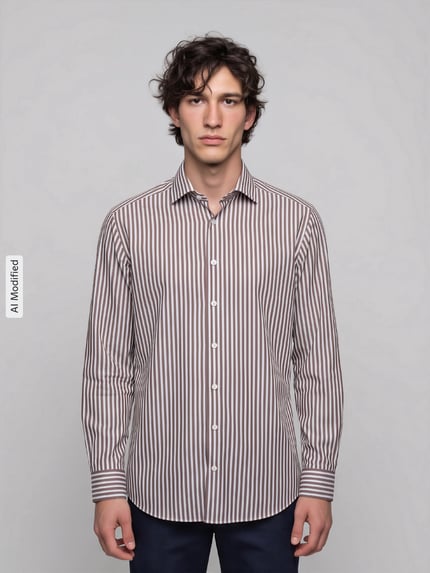 Männermodel trägt Modern Fit Businesshemd aus reiner Baumwolle von OLYMP, braun-weiß gestreift, Ganzkörperansicht von vorne, KI-modifiziertes Bild.