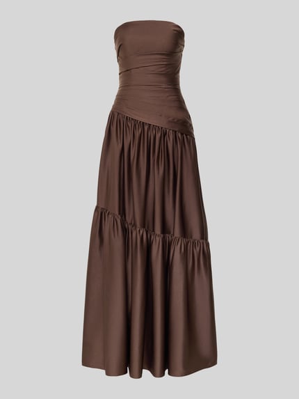Produktfoto, Regular Fit Abendkleid in Falten-Optik von Luxuar in Braun, Satin, A-Linie, schulterfreies Design, taillierte Passform, Vorderansicht