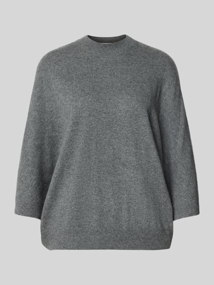 Produktfoto, szary Relaxed Fit Pullover aus reinem Kaschmir in Strick-Optik od HERZENS, okrągły dekolt, rękaw o dł. 3/4, elastyczny pas, długość tyłu 62 cm, długość rękawów 46 cm, imitacja dzianiny, kaszmir