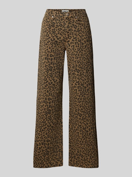 Produktfoto, braune High Waist Weite Hose aus Baumwoll-Mix Modell 'MADISON' von ONLY mit schwarzem Leopardenmuster, Damen Weite Hose von ONLY