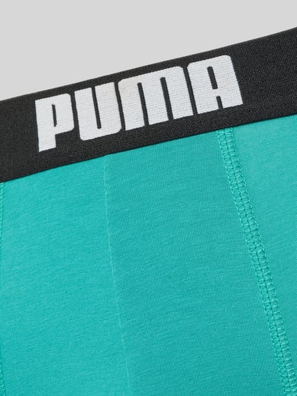 Produktfoto, Slim Fit Boxershorts aus Baumwoll-Mix im 2er-Pack Modell 'EVERDAY' von PUMA, türkisfarbener Stoff, schwarze Bund mit weißem Logo, glatte Textur, Herren Boxershorts von PUMA