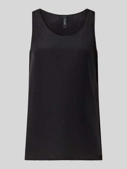 Produktfoto, Blusenshirt mit Rundhalsausschnitt und Label-Detail von Marc Cain, satyna, krój straight fit, okrągły dekolt, długość tyłu w rozmiarze 36: 52 cm