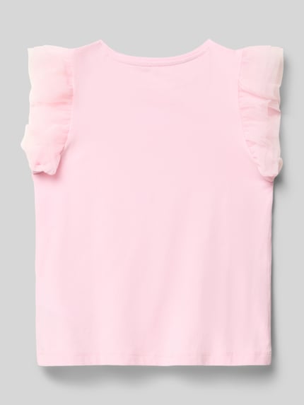 Produktfoto, T-Shirt mit Logo-Stitching und Rundhalsausschnitt von Guess in zartem Rosa, gerader Schnitt, Tüll am Ärmel, Rückenansicht