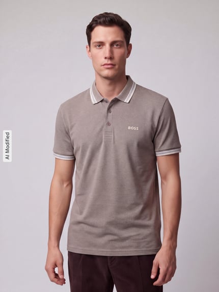 Männermodel trägt Regular Fit Polokragen aus reiner Baumwolle Modell 'PADDY' von BOSS für BOSS Green in Beige, Nahaufnahme Oberkörper, KI-modifiziertes Bild