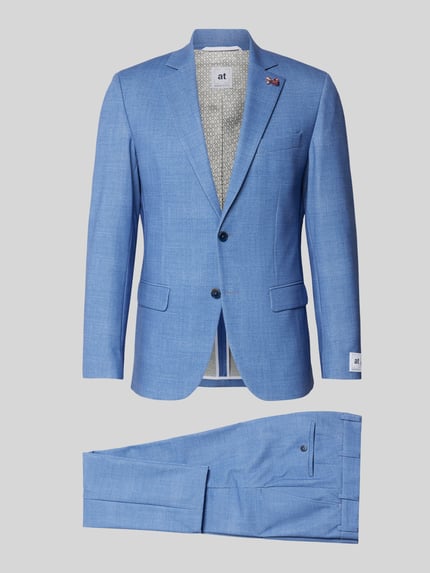 Produktfoto, Slim Fit Anzug mit 2-Knopf-Sakko von Wilvorst in Hellblau, Material-Mix mit Baumwoll-Anteil, feine Textur, Reverskragen, Pattentaschen, Anzughose mit Bügelfalten, Bundweite 46 cm, Rückenlänge 72 cm, Schulterbreite 44 cm, Ärmellänge 63 cm, Innenbeinlänge 80 cm, Anzug-Farben: Hellblau, Anzug-Stoff: Material-Mix.