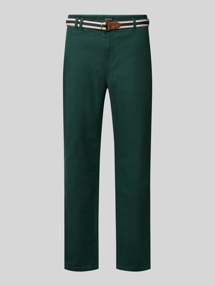 Produktfoto, Hose mit Gürtel Modell 'WARREN' von Scotch & Soda, Mieszanka bawełny i elastanu, krój regular fit, wpuszczane kieszenie, kieszenie z tyłu, pasek, Szerokość w rozmiarze 32/32: 44 cm, Długość wewnętrzna nogawki: 82 cm, zielony kolor, gładka tekstura