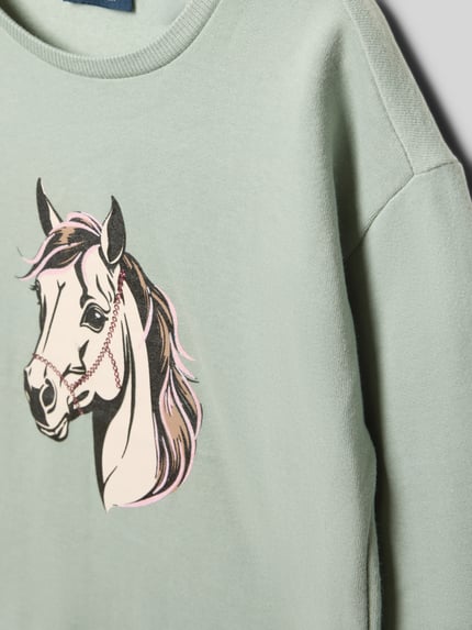 Produktfoto, Sweatshirt mit Motiv-Print von Blue Seven in Mintgrün aus reiner Baumwolle, lockerer Schnitt, gerippte Abschlüsse, Rundhalsausschnitt, Pferde-Motiv.