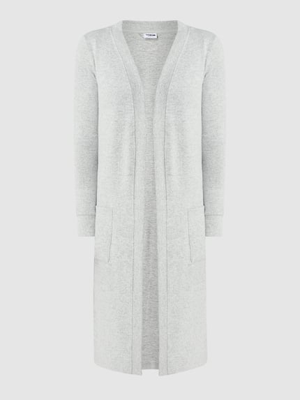Produktfoto, hellgrauer Longcardigan mit aufgesetzten Taschen Modell 'CITY' von Noisy May, Material-Mix mit Stretch, Regular Fit