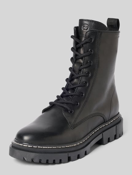 Produktfoto, zwarte Schnürstiefel aus echtem Rindsleder van Tamaris, grof profiel, matte textuur, Dames Schnürstiefel van Tamaris
