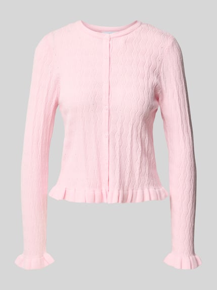Produktfoto, lichtroze cardigan uit Viscosemix met golvende textuur, knoopsluiting, ronde hals, slim fit, Model 'rayulka' van VILA, dames, ruglengte bij maat S 49 cm, mouwlengte 66 cm