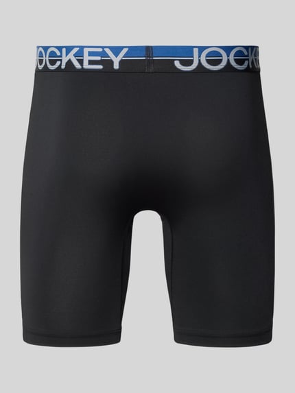 Produktfoto, Slim Fit Slips mit Logo-Stitching im 3er-Pack von Jockey, Schwarz mit blauem Elastischer-Logo-Bund, Elastischer-Material-Mix