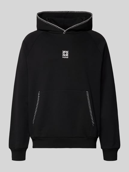 Produktfoto, Regular Fit Hoodie aus reiner Baumwolle Modell 'DAROHOOD' von HUGO, czarny, jednolity kolor, label stitching, długa rękaw, kangurka, materiał sweat