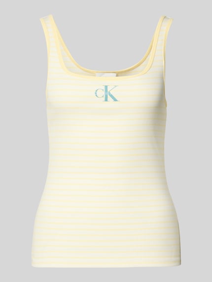 Produktfoto, Trägertop in Ripp-Optik mit Logo van Calvin Klein Jeans, Mix van katoen en elastaan, slim fit, riblook, logoprint, ruglengte maat S 59 cm, geel-wit gestreept