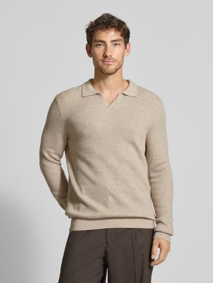 bugatti Regular Fit Strickpullover mit Polokragen aus Woll-Mix Sand 4