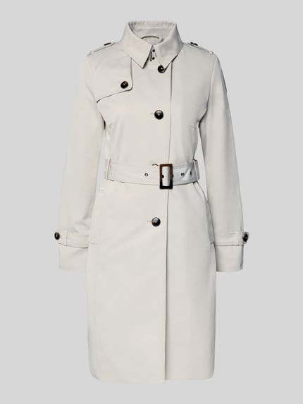 Produktfoto, Trenchcoat mit Stoffgürtel von Jake*s Casual, jasny beż, krój taliowany, pasek, kołnierz, kieszenie, bawełna, długość 99 cm, szerokość ramion 40 cm, szerokość klatki piersiowej 41 cm, długość rękawa 64 cm