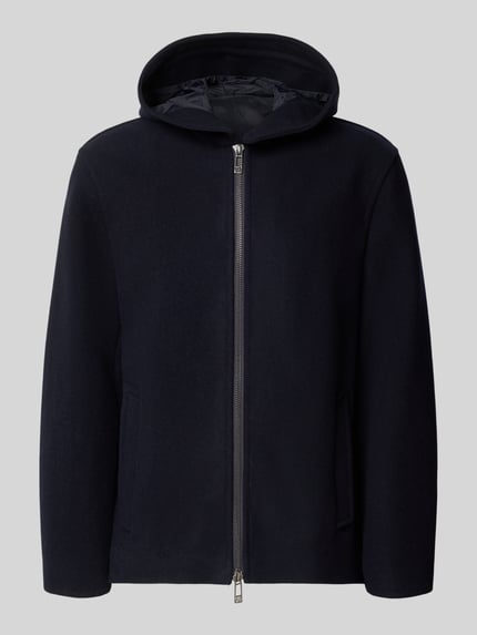 Produktfoto, Regular Fit Jacke aus Schurwoll-Mix von Armani Exchange in Dunkelblau mit Kapuze, Reißverschluss und Eingrifftaschen, glatte Textur