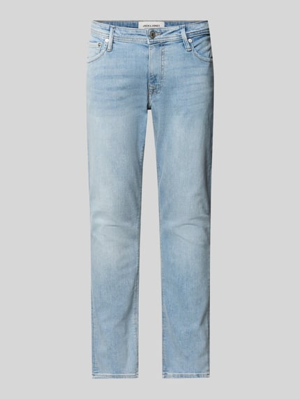 Produktfoto, Straight Fit Jeans aus Baumwoll-Mix Modell GLENN FELIX von JACK & JONES, mieszanka bawełny i elastanu, krój straight fit, zapięcie na guzik i zamek błyskawiczny, 5 kieszeni, szerokość w rozmiarze 32/32: 45 cm, długość wewnętrzna nogawki w rozmiarze 32/32: 78 cm, jasnoniebieski, gładka struktura