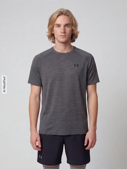 Männermodel trägt dunkelgraues Regular Fit Sport-T-Shirt mit Logo-Print von Under Armour, Herren Sport-T-Shirt, Ganzkörperansicht von vorne, KI-modifiziertes Bild