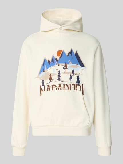 Produktfoto, Hoodie mit Label-Print von Napapijri in Creme mit blau-braunem Bergmotiv, Kapuze, Känguru-Tasche, lockere Passform, Baumwollmischung.