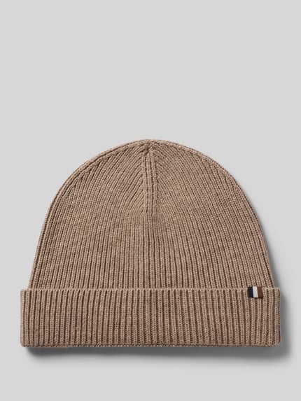 Produktfoto, czapka beanie z Mieszanka materiałów z dodatkiem żywej wełny od bugatti, wąski brzeg, Efekt prążkowania, Detal z motywem