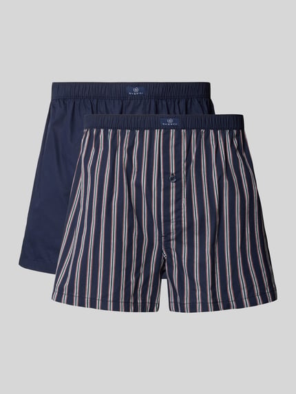 Produktfoto, Boxershorts mit elastischem Bund und Label-Detail im 2er-Pack von bugatti, reine Baumwolle, Regular Fit, Streifen und Uni,