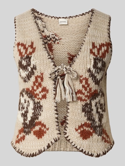 Produktfoto, Regular Fit Weste aus Woll-Mix in Strick-Optik von Stefanel, beige mit braunem und rostfarbenem Muster, Schnürverschluss, Modell 'RICAMO', Damen Weste, grobe Textur