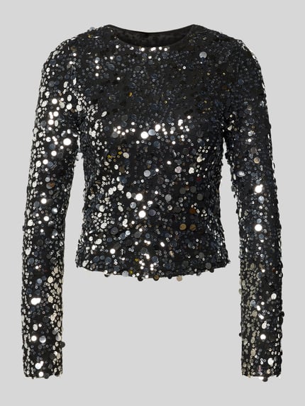 Produktfoto, Slim Fit Langarmshirt mit Paillettenbesatz Modell 'CATINA' von Only in schimmernder Optik, glänzendem Mesh-Material.