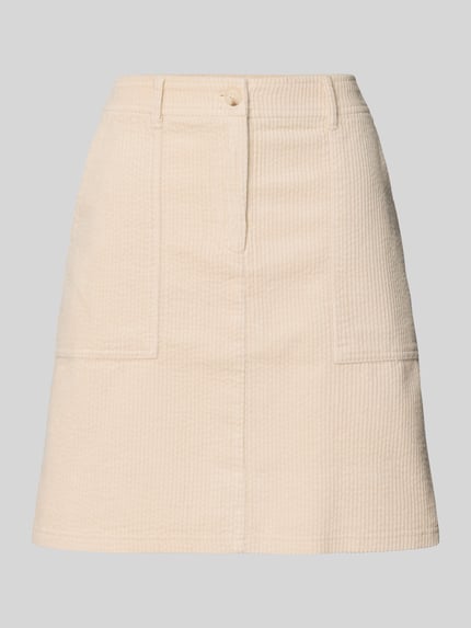 Productfoto, Minirok met steekzakken model 'Reah' van OPUS, beige ribstof, katoen, losse pasvorm, knoop- en ritssluiting, voorkant zichtbaar.