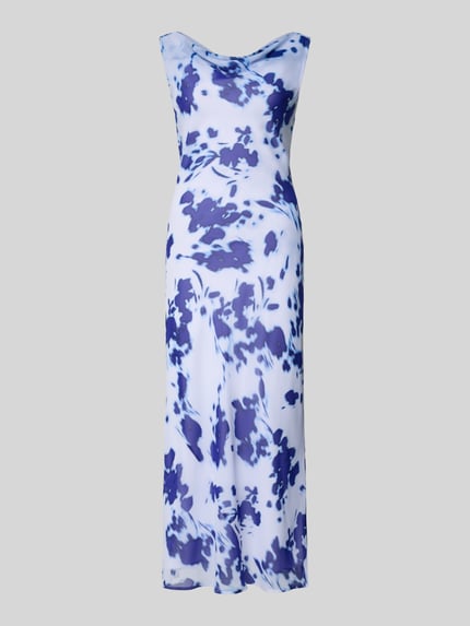 Produktfoto, Midikleid aus Chiffon mit Wasserfall-Ausschnitt von Calvin Klein Womenswear, figurbetonter Schnitt, Allover-Muster in Blau und Weiß
